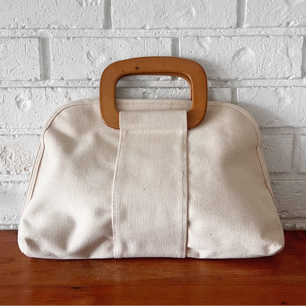 Canvas Natural Color Handbag With Wooden handles